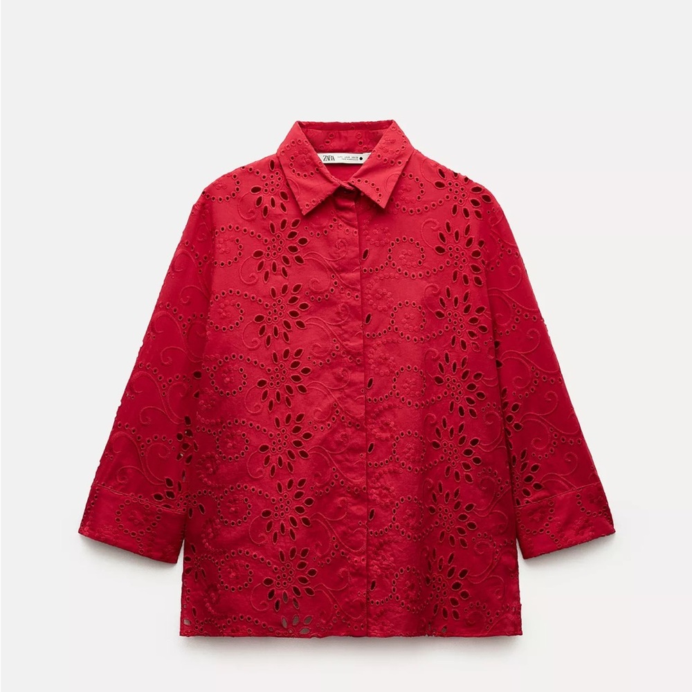 Zara Red Openwork Eyelet Embroidered Poplin Shirt